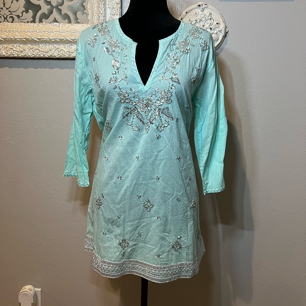 Embroidered beaded mint Aqua Tunic Top - Picture 5 of 10